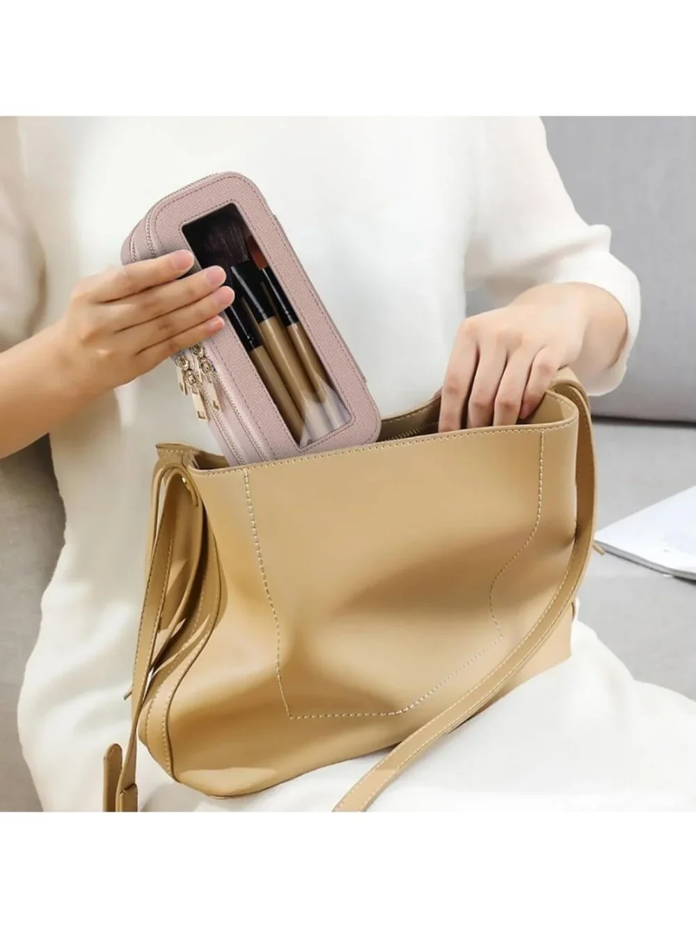 Stylish Pink Double Layer Makeup Bag | Waterproof Travel Cosmetic Organizer